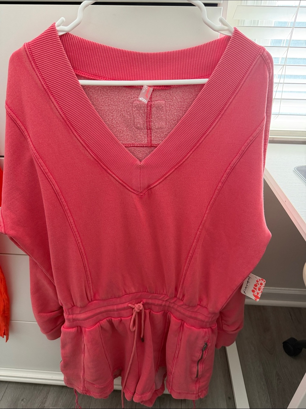 Free People Coral Pink V‑Neck Drawstring Sweatshirt